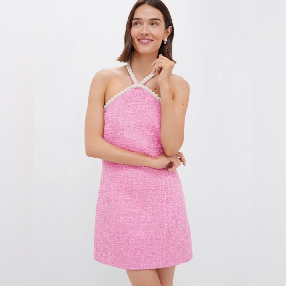 Hyacinth House Pink Tweed Halter Dress with Pearl Trim